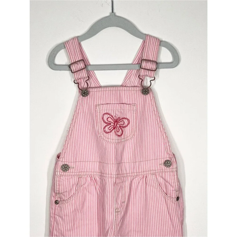 OshKosh B’gosh Pink White Railroad Stripe Embroidered Butterfly Coveralls 5T